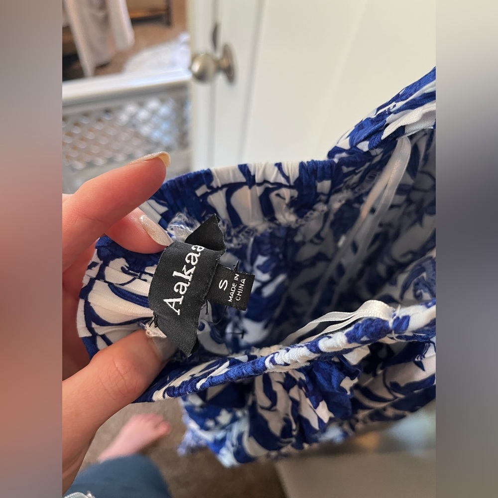 Floral blue and white dress.